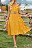 Plain One Shoulder Ruffles Midi Dress