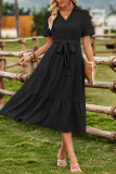 Plain V Neck Turn Down Collar Ruffles Maxi Dress