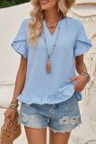 Plain V Neck Ruffles Short Sleeves Blouse