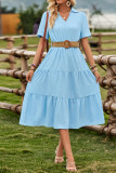 Plain V Neck Turn Down Collar Ruffles Maxi Dress