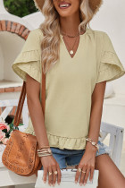Plain V Neck Ruffles Short Sleeves Blouse