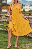Plain One Shoulder Ruffles Midi Dress