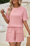 Plain Rib Short Sleeves Top with Shorts 2pcs Set
