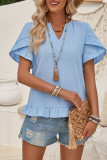Plain V Neck Ruffles Short Sleeves Blouse