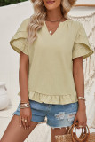 Plain V Neck Ruffles Short Sleeves Blouse