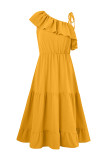 Plain One Shoulder Ruffles Midi Dress