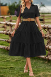 Plain V Neck Turn Down Collar Ruffles Maxi Dress