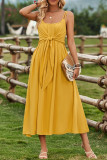 Plain Ruched Front Tie Spaghetti Strap Maxi Dress