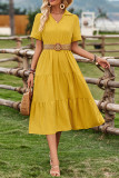 Plain V Neck Turn Down Collar Ruffles Maxi Dress