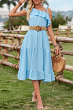Plain One Shoulder Ruffles Midi Dress
