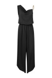 Plain One Shoulder Chain Strap Sleeveless Jumpsuit