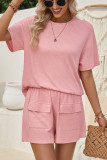 Plain Rib Short Sleeves Top with Shorts 2pcs Set