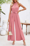 Plain Wide Leg Split Halter Sleeveless Jumpsuit
