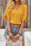 Plain Texture V Neck Flare Sleeves Blouse