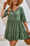 Plain V Neck Embroidery Patchwork Babydoll Dress