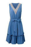 V Neck SLeeveless Tie Waist Ruffle Dress