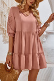 Plain V Neck Embroidery Patchwork Babydoll Dress