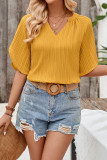Plain Texture V Neck Flare Sleeves Blouse