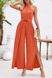 Plain Wide Leg Split Halter Sleeveless Jumpsuit