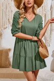 Plain V Neck Embroidery Patchwork Babydoll Dress