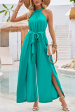 Plain Wide Leg Split Halter Sleeveless Jumpsuit