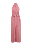 Plain Wide Leg Split Halter Sleeveless Jumpsuit
