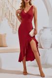 Plain V Neck Split Sleeveless Bodycon Dress