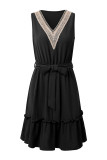 V Neck SLeeveless Tie Waist Ruffle Dress
