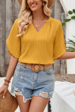 Plain Texture V Neck Flare Sleeves Blouse
