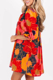 Orange Floral Print 3/4 Sleeve Babydoll Mini Dress