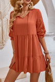 Plain V Neck Embroidery Patchwork Babydoll Dress