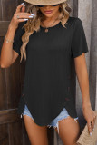 Plain Texture Side Button Irregular Length Short Sleeves Top