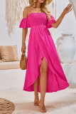 Plain Off Shoulder Smocked Split Maxi Dress
