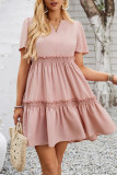 Plain V Neck Puff Ruffles Babydoll Dress