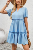 Plain V Neck Puff Ruffles Babydoll Dress