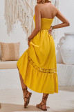 Plain Strapless Smocked Buttoned Maxi Dress