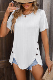 Plain Texture Side Button Irregular Length Short Sleeves Top
