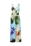 Printed V Neck Hollow Out Strappy Wide Leg Jumpsuit