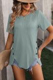 Plain Texture Side Button Irregular Length Short Sleeves Top