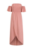Plain Off Shoulder Smocked Split Maxi Dress