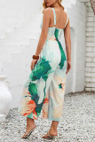 Printed V Neck Hollow Out Strappy Wide Leg Jumpsuit