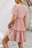 Plain V Neck Puff Ruffles Babydoll Dress