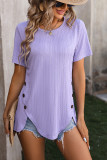 Plain Texture Side Button Irregular Length Short Sleeves Top