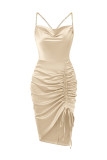 Plain Swing Collar Chain Halter Ruched Bodycon Dress