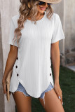 Plain Texture Side Button Irregular Length Short Sleeves Top