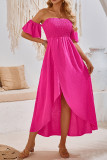 Plain Off Shoulder Smocked Split Maxi Dress