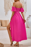 Plain Off Shoulder Smocked Split Maxi Dress