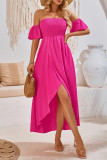 Plain Off Shoulder Smocked Split Maxi Dress
