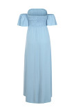 Plain Off Shoulder Smocked Split Maxi Dress