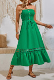 Plain Strapless Smocked Buttoned Maxi Dress